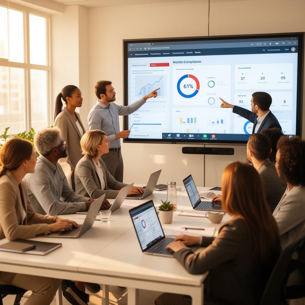 Team reviewing website compliance dashboards and accessibility data on a large screen