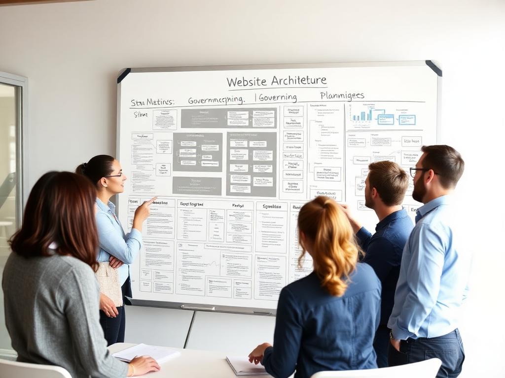 Professionals collaborating around a whiteboard planning website governance strategy