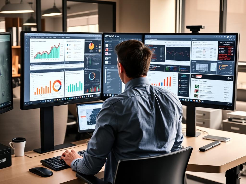 Web manager reviewing multiple dashboards