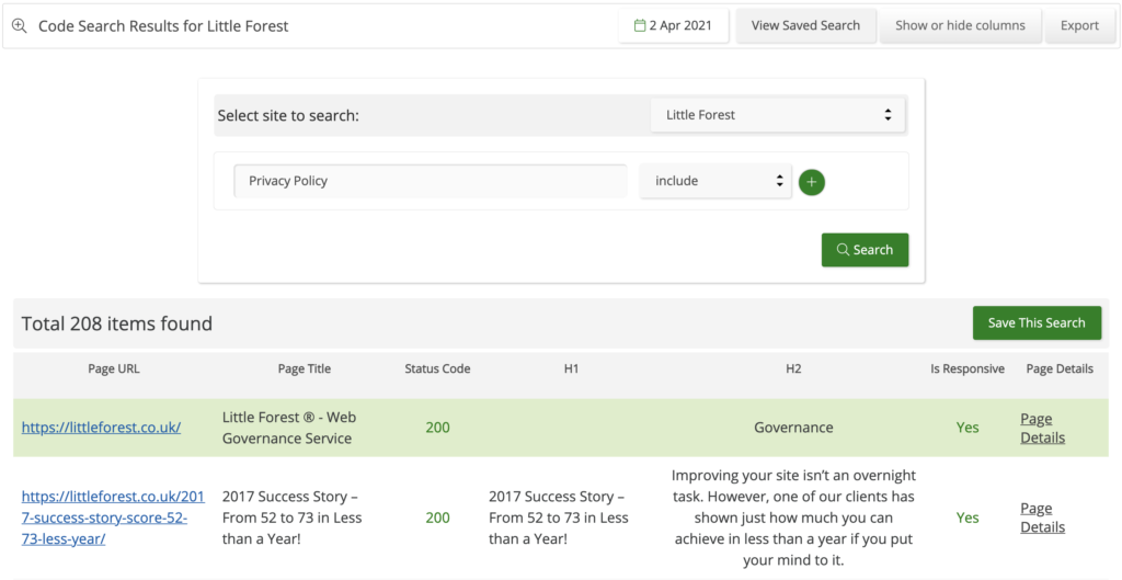 Code Search table