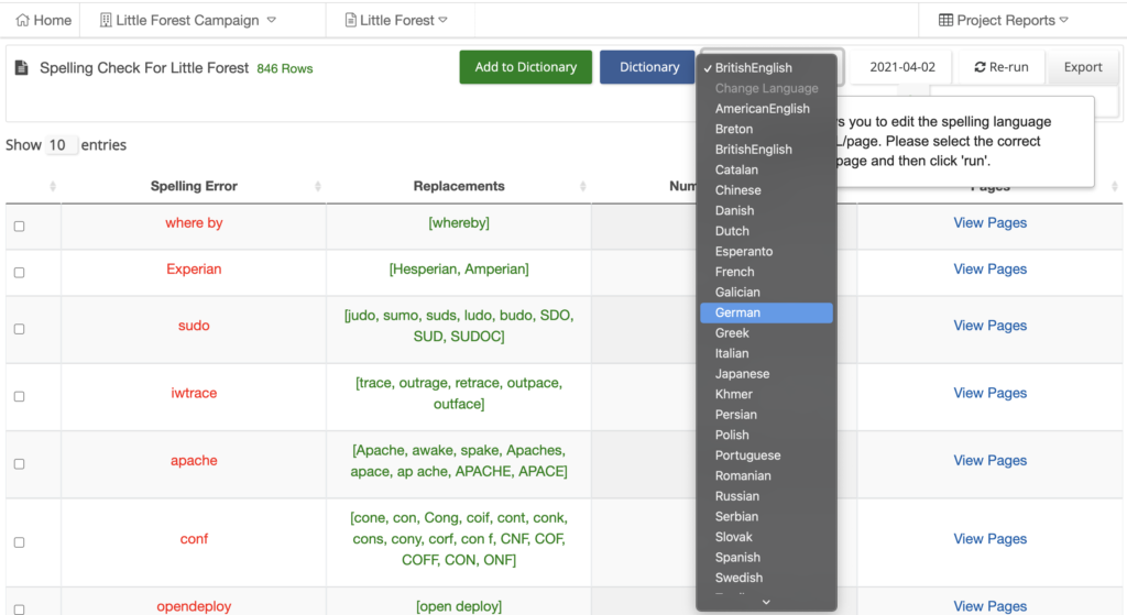 List of language dictionaries available  shown in the Little Forest interface 