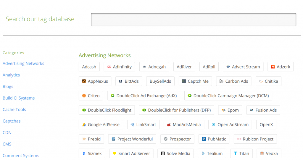 Tag Audit Database with list of tags supported e.g. GA