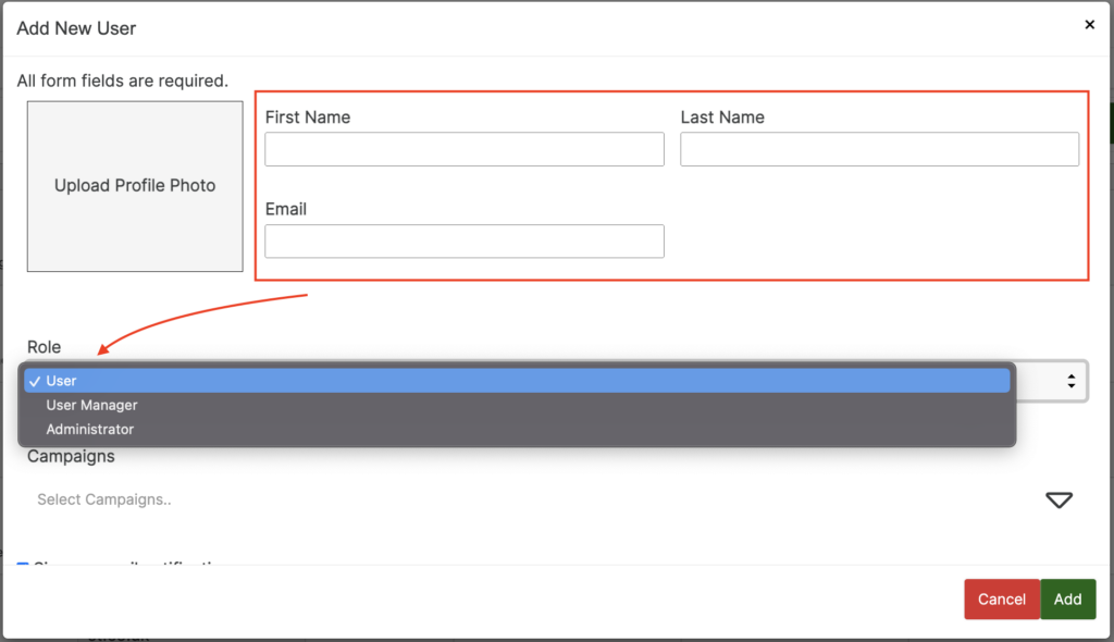 Screenshot showing fields for adding; name and email address. Also shows dropdown for access level; user, user manager or admin. 