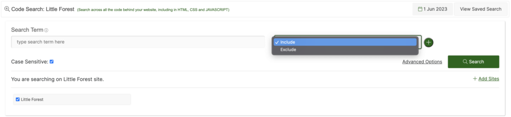 Include or Exclude dropdowns for the code search
