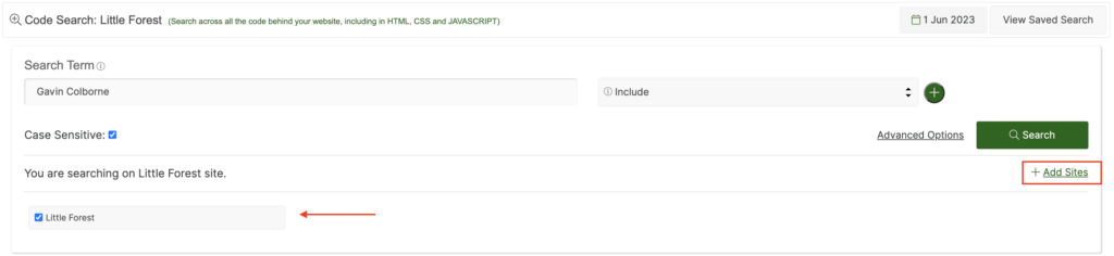 Shows the Little Forest site selected and the +Add sites butotn on the right hand side