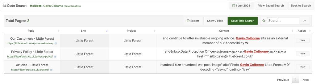 Screenshot showing three positive matches for a test code search