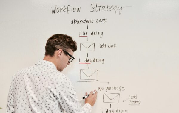 Employee writing a workflow strategy on a whiteboard