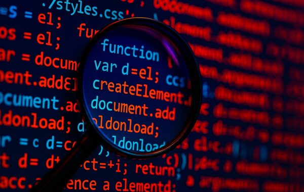 Banner image of a magnifying glass focusing keywords in decorative computer code.